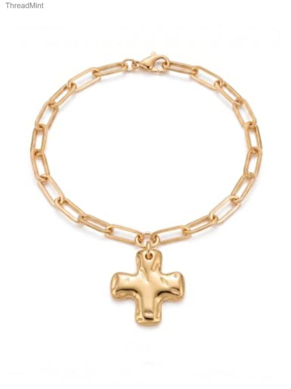 Chunky Hammered Cross Bracelet Gold Paperclip Chain Statement Religious Jewelry